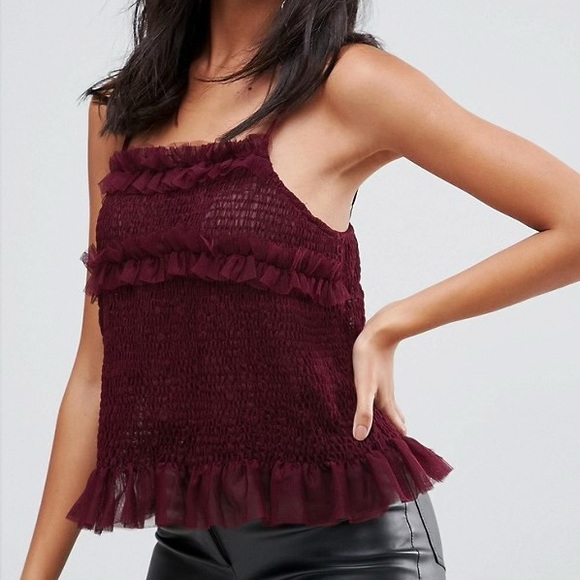 ASOS 🍓 NWOT Sheer cranberry mesh cami top with shirring and ruffles UK 16/US 12 - Picture 4 of 6